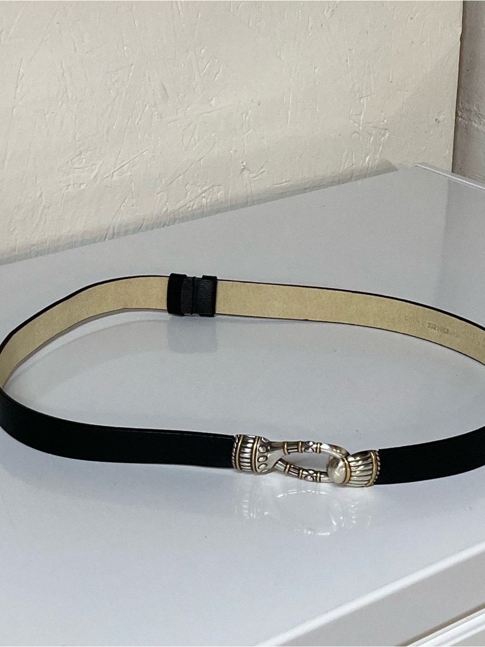 Anne Klein S/M Black Leather Adjustable Silver and Gold Tone Buckle Belt - Picture 2 of 7